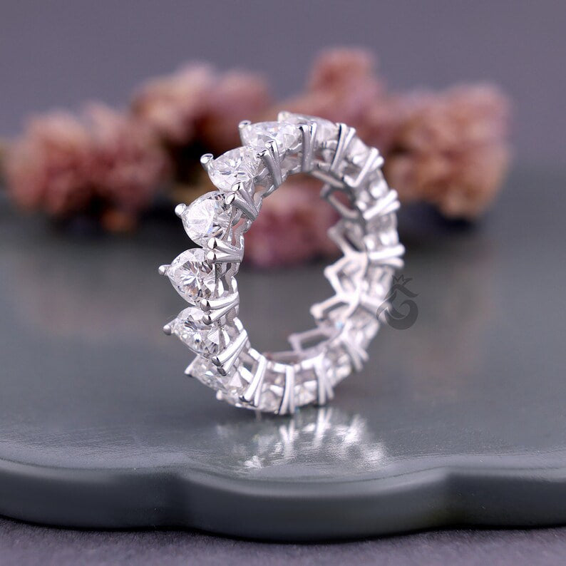 5MM Heart Cut Moissanite Eternity Band, Prong Set Engagement Ring, Stackable Wedding Band