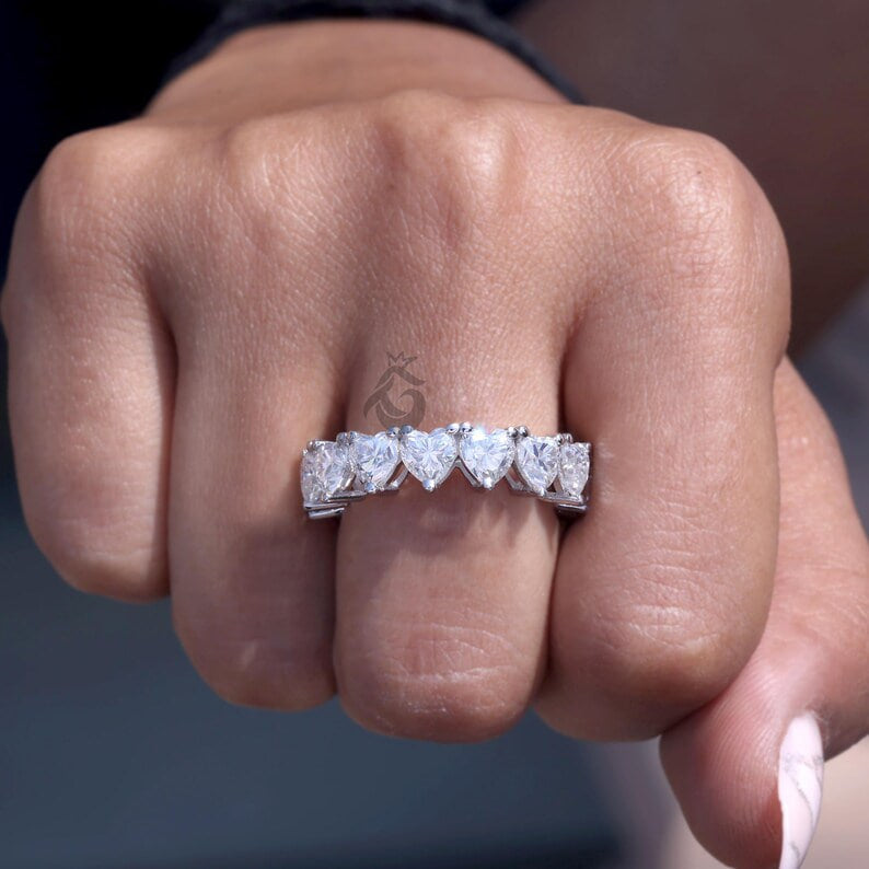 5MM Heart Cut Moissanite Eternity Band, Prong Set Engagement Ring, Stackable Wedding Band