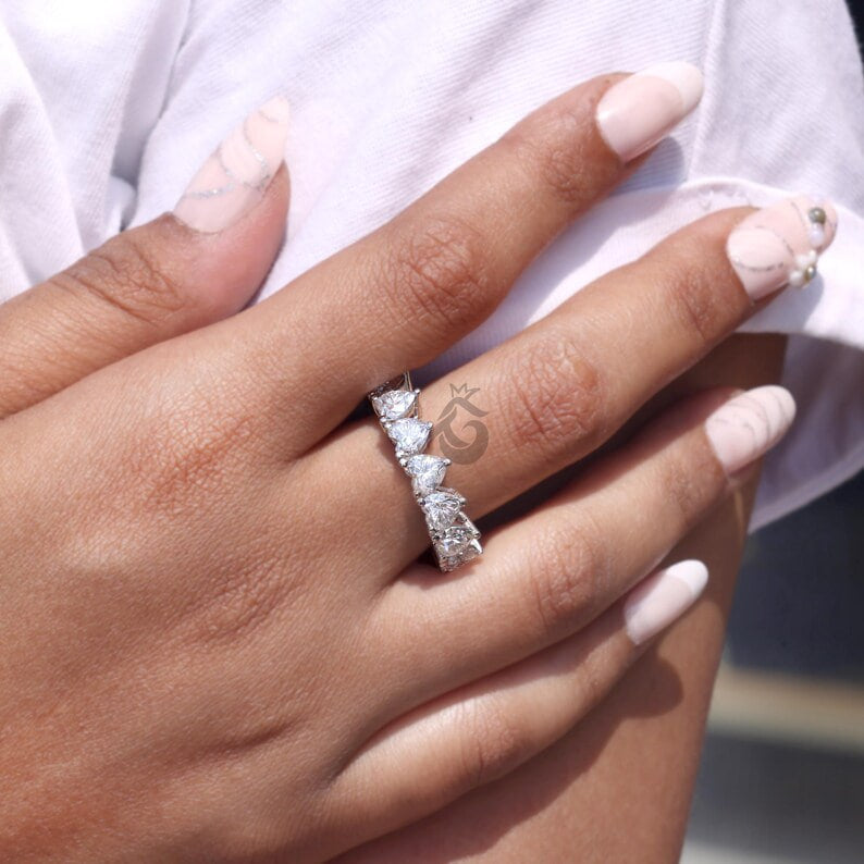 5MM Heart Cut Moissanite Eternity Band, Prong Set Engagement Ring, Stackable Wedding Band