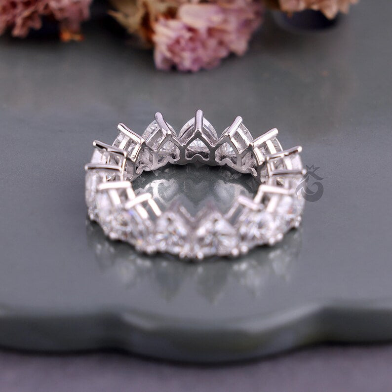 5MM Heart Cut Moissanite Eternity Band, Prong Set Engagement Ring, Stackable Wedding Band