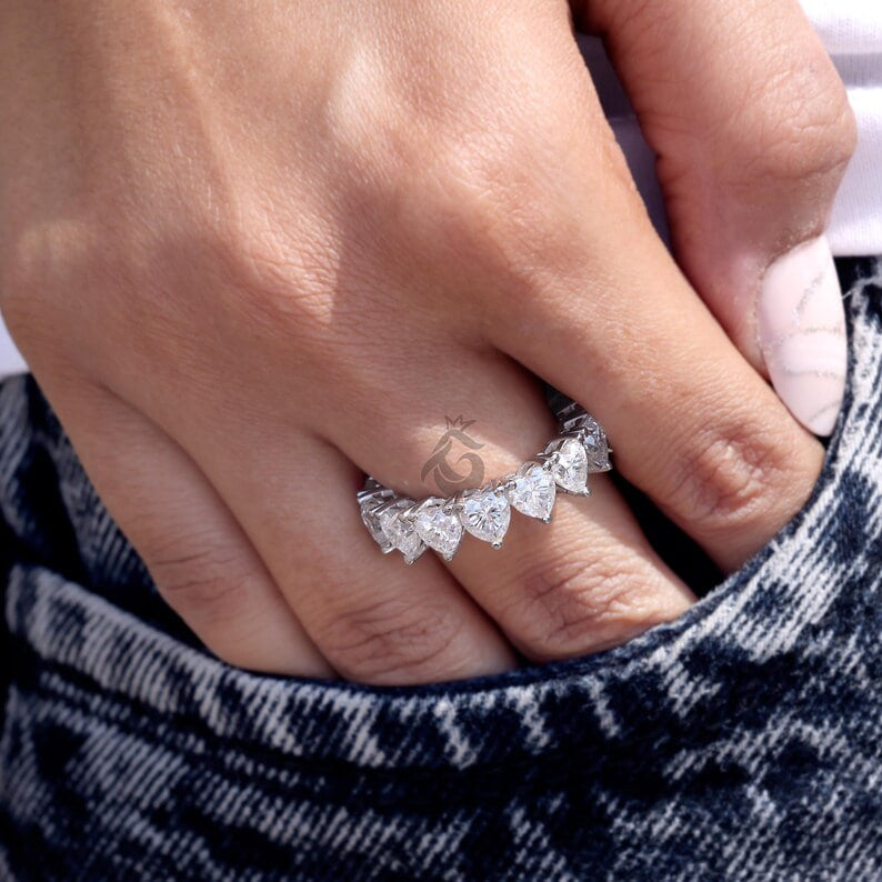 5MM Heart Cut Moissanite Eternity Band, Prong Set Engagement Ring, Stackable Wedding Band