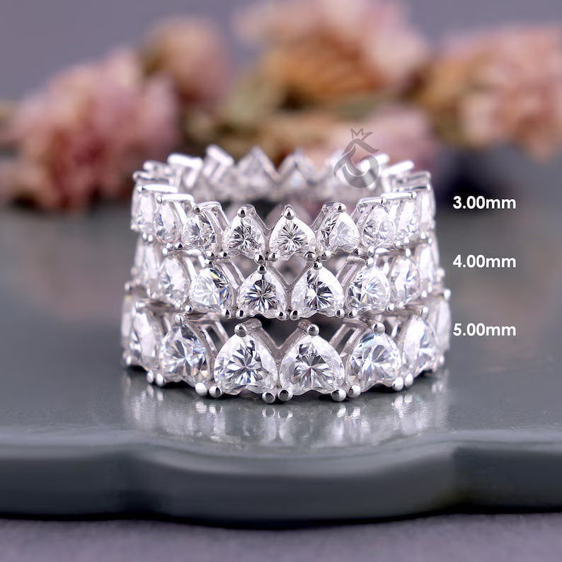 5MM Heart Cut Moissanite Eternity Band, Prong Set Engagement Ring, Stackable Wedding Band