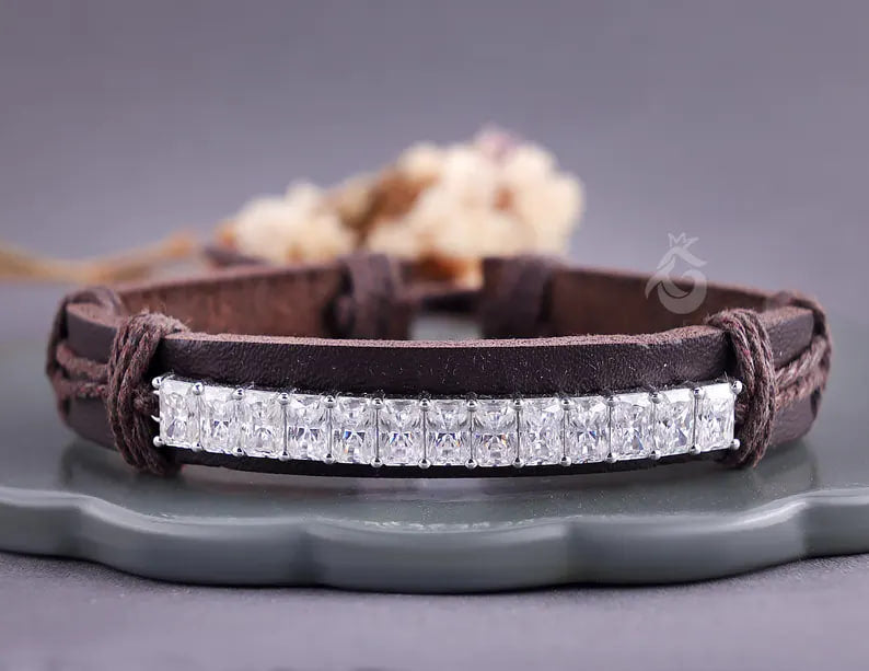 6.90 CT Radiant Moissanite Leather Bracelet for Men, Adjustable Minimalist Gift