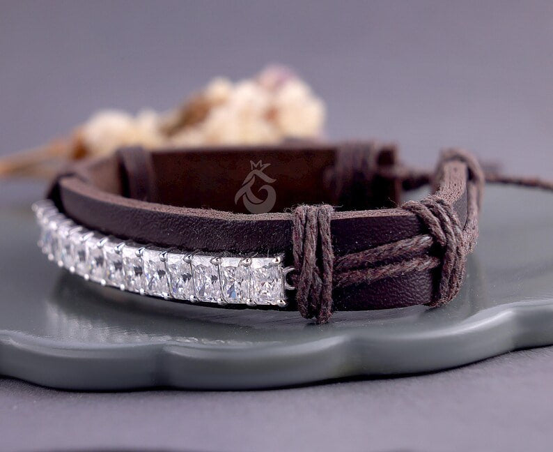 6.90 CT Radiant Moissanite Leather Bracelet for Men, Adjustable Minimalist Gift