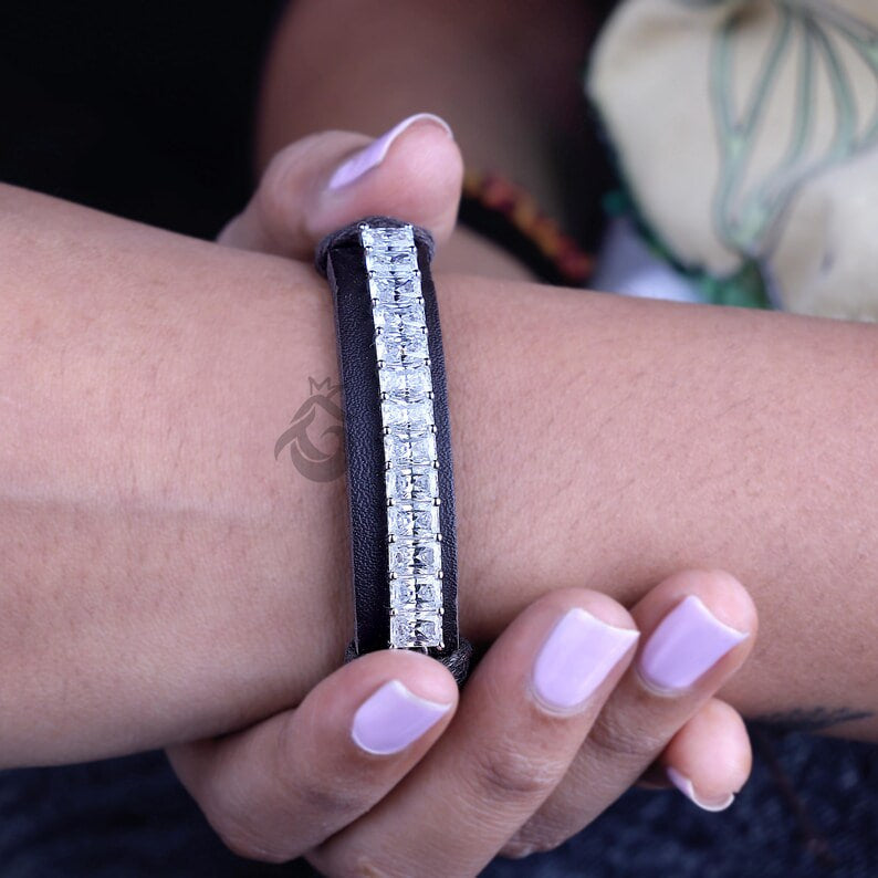 6.90 CT Radiant Moissanite Leather Bracelet for Men, Adjustable Minimalist Gift