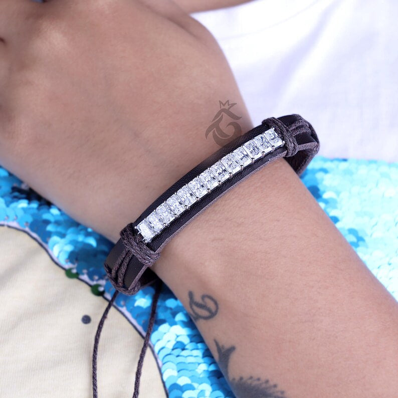 6.90 CT Radiant Moissanite Leather Bracelet for Men, Adjustable Minimalist Gift