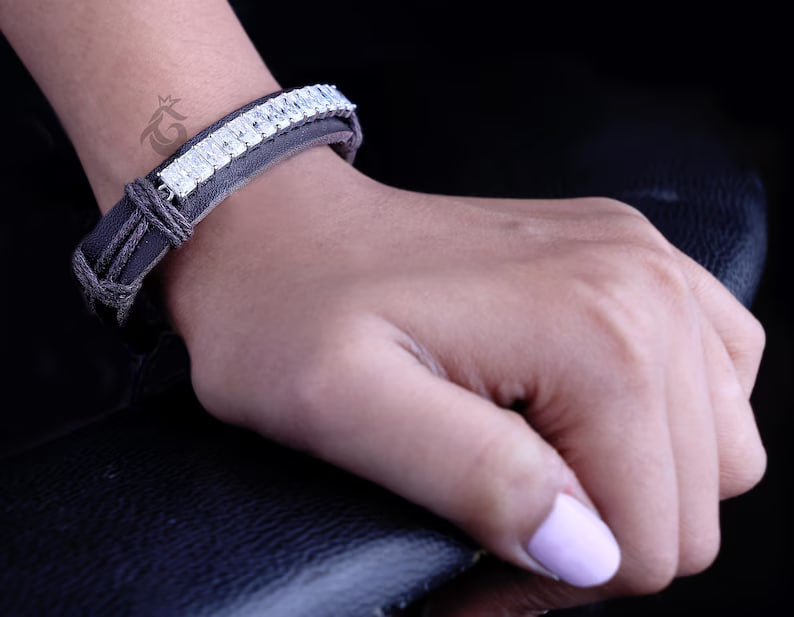 6.90 CT Radiant Moissanite Leather Bracelet for Men, Adjustable Minimalist Gift