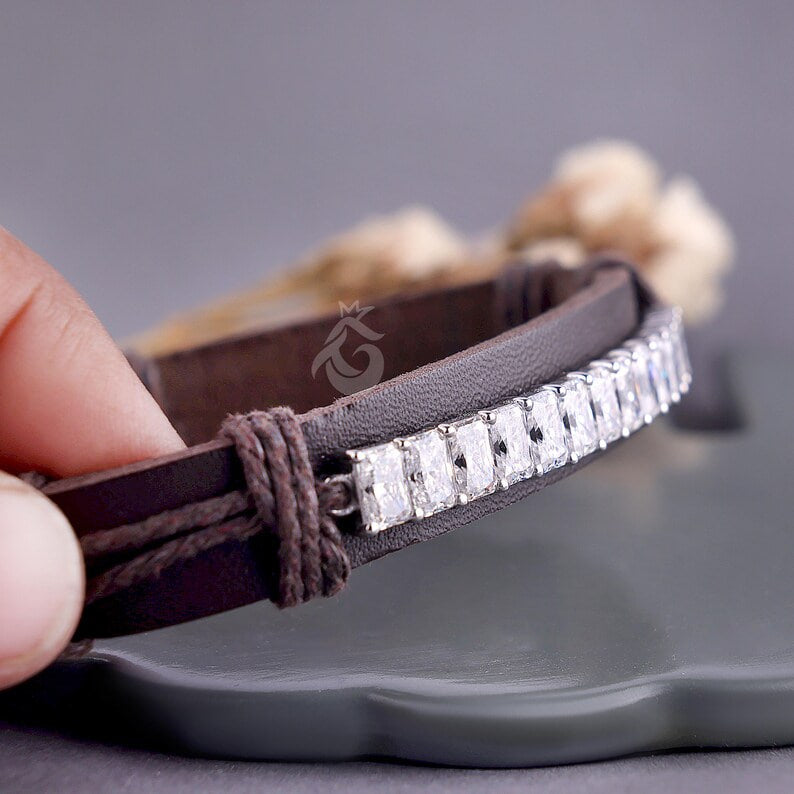 6.90 CT Radiant Moissanite Leather Bracelet for Men, Adjustable Minimalist Gift