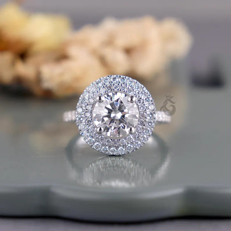 Double Halo Round Lab Diamond Ring, 1.00–3.00 CT, 14K White Gold Engagement Ring