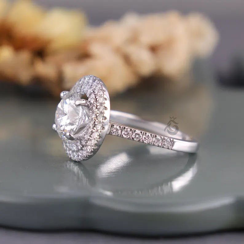 Double Halo Round Lab Diamond Ring, 1.00–3.00 CT, 14K White Gold Engagement Ring