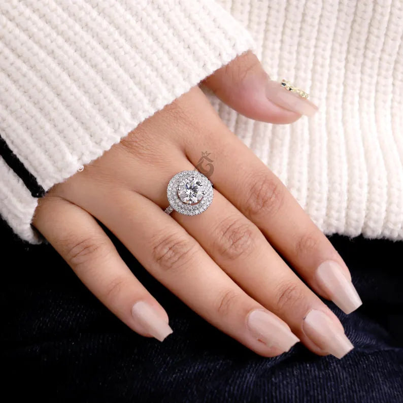 Double Halo Round Lab Diamond Ring, 1.00–3.00 CT, 14K White Gold Engagement Ring