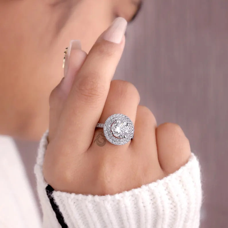 Double Halo Round Lab Diamond Ring, 1.00–3.00 CT, 14K White Gold Engagement Ring
