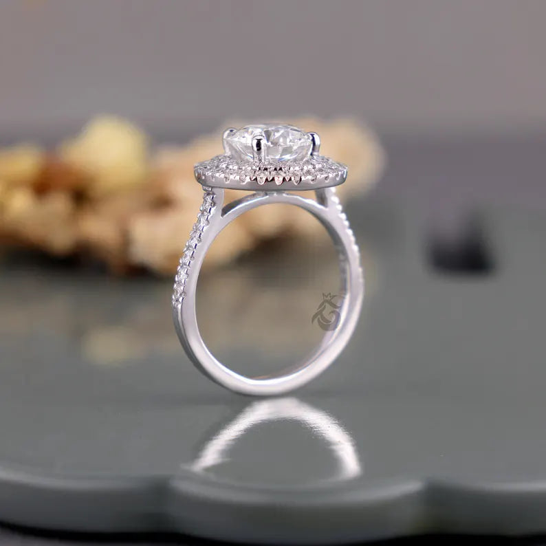 Double Halo Round Lab Diamond Ring, 1.00–3.00 CT, 14K White Gold Engagement Ring