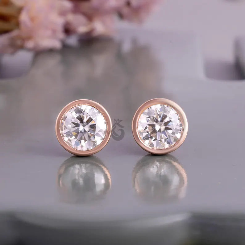 2.06 CT Round Moissanite Stud Earrings, Bezel Set Screw Backs, 14K Rose Gold