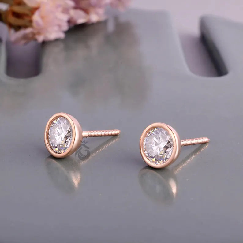 2.06 CT Round Moissanite Stud Earrings, Bezel Set Screw Backs, 14K Rose Gold