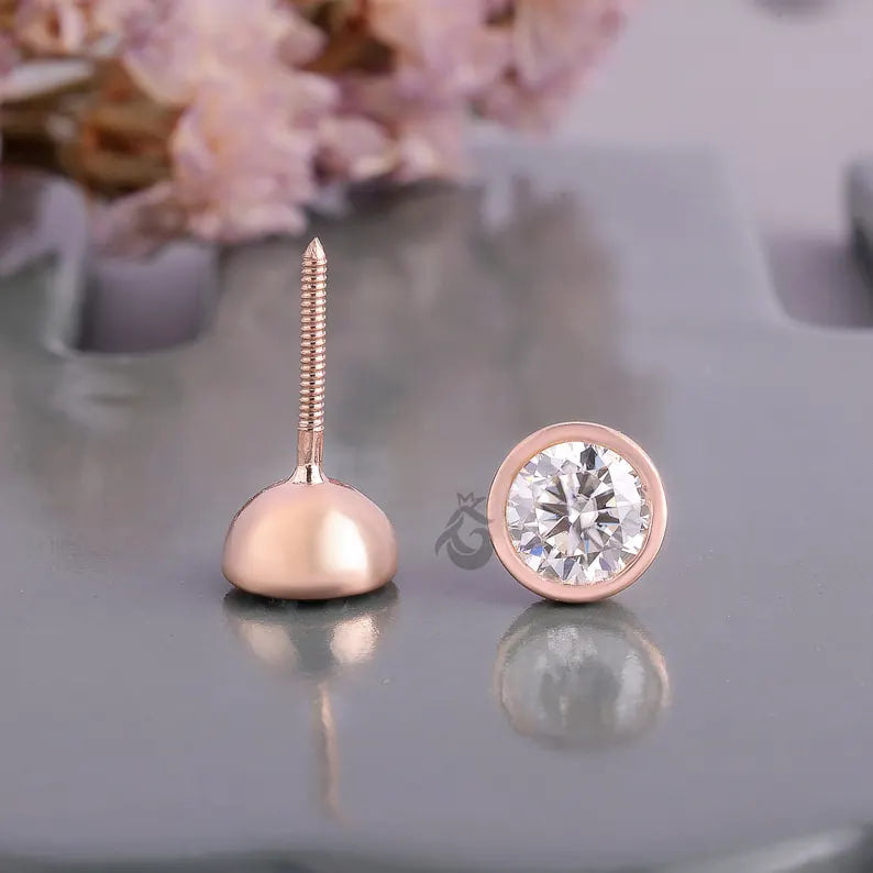 2.06 CT Round Moissanite Stud Earrings, Bezel Set Screw Backs, 14K Rose Gold