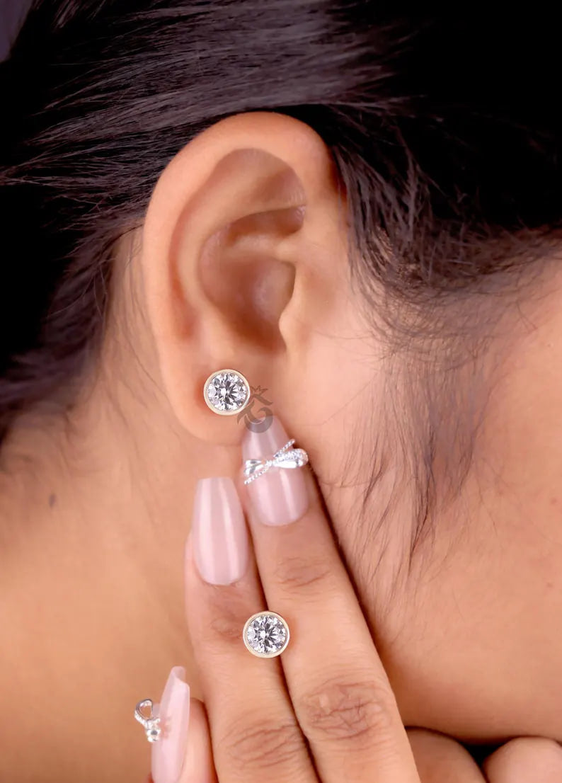 2.06 CT Round Moissanite Stud Earrings, Bezel Set Screw Backs, 14K Rose Gold