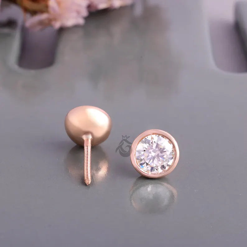 2.06 CT Round Moissanite Stud Earrings, Bezel Set Screw Backs, 14K Rose Gold