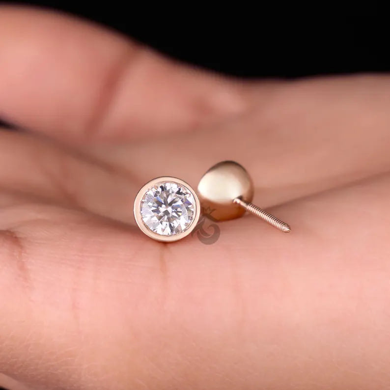 2.06 CT Round Moissanite Stud Earrings, Bezel Set Screw Backs, 14K Rose Gold