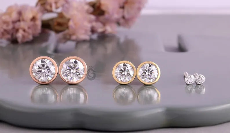 2.06 CT Round Moissanite Stud Earrings, Bezel Set Screw Backs, 14K Rose Gold