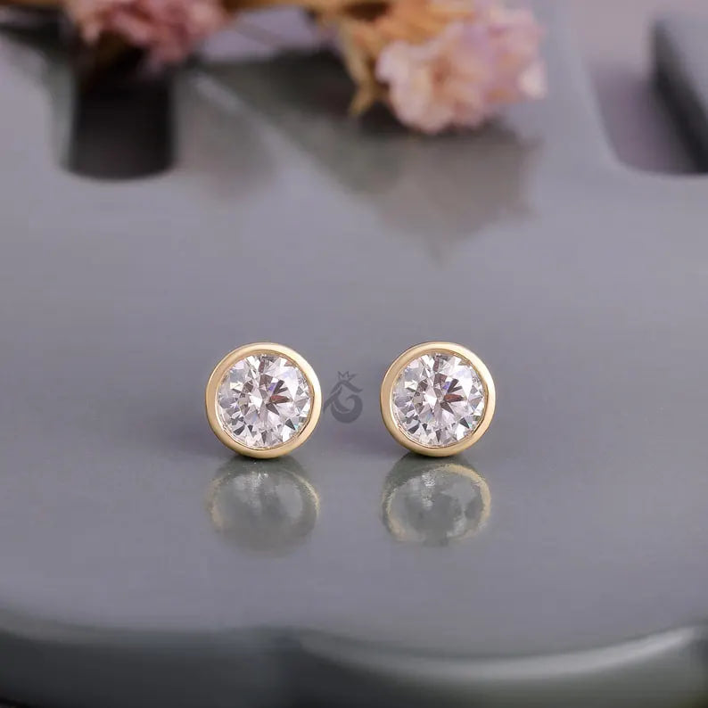 1.30 TCW Round Moissanite Stud Earrings, Bezel Set, Screw Back, Yellow Gold