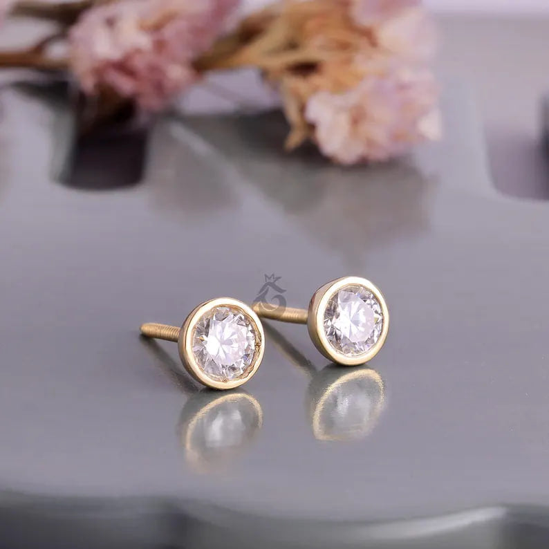 1.30 TCW Round Moissanite Stud Earrings, Bezel Set, Screw Back, Yellow Gold