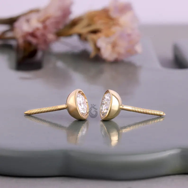 1.30 TCW Round Moissanite Stud Earrings, Bezel Set, Screw Back, Yellow Gold