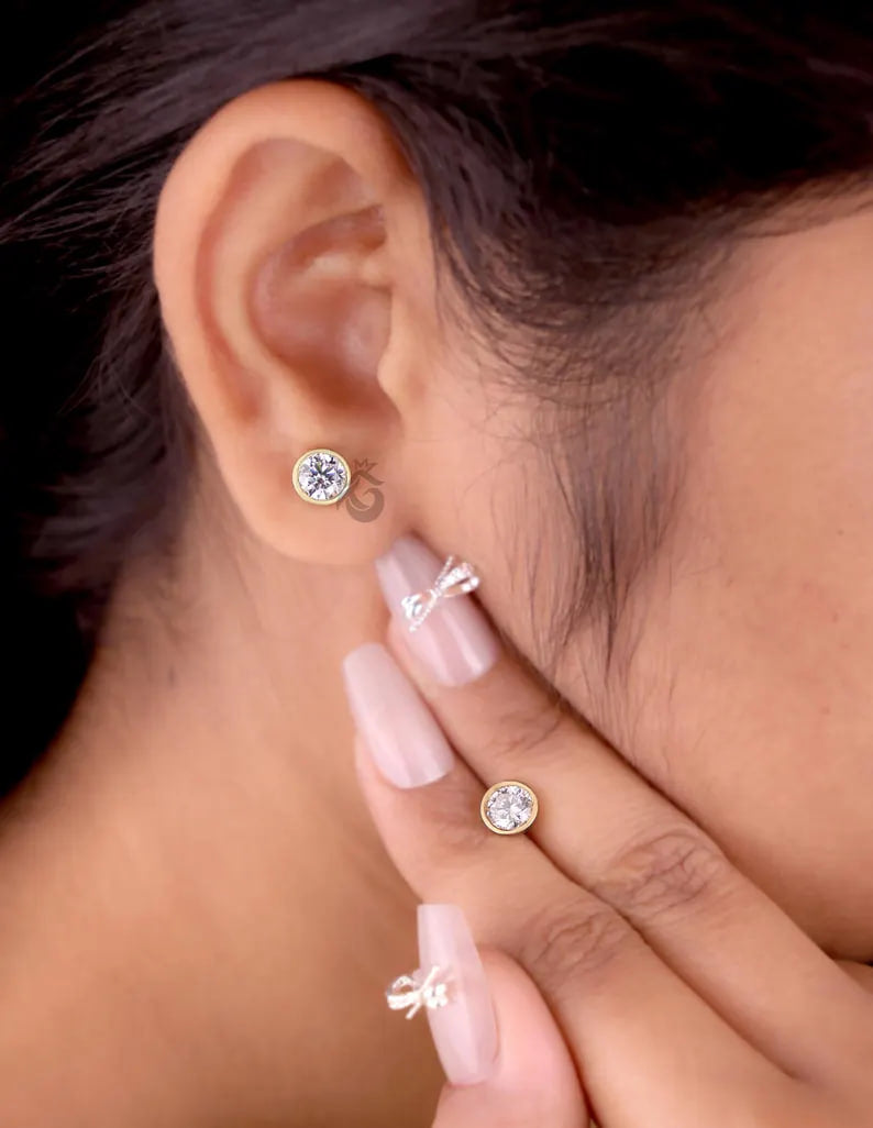 1.30 TCW Round Moissanite Stud Earrings, Bezel Set, Screw Back, Yellow Gold