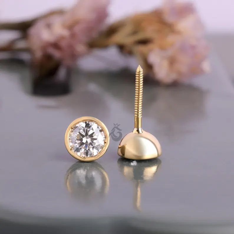 1.30 TCW Round Moissanite Stud Earrings, Bezel Set, Screw Back, Yellow Gold