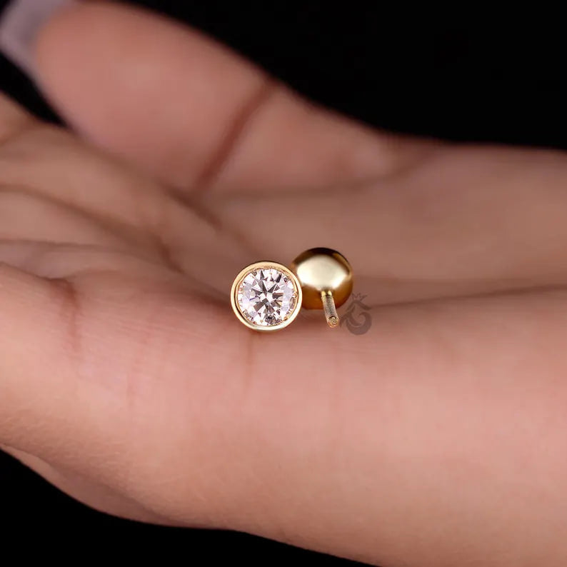 1.30 TCW Round Moissanite Stud Earrings, Bezel Set, Screw Back, Yellow Gold