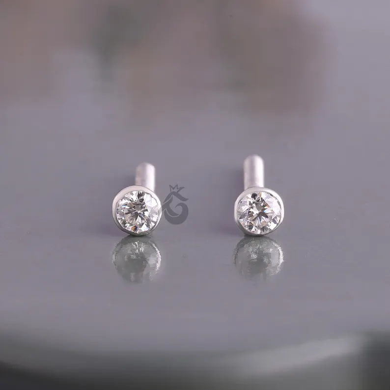 Round Moissanite Stud Earrings for Women, Bezel Set, Screw Back, Minimalist Gold Studs
