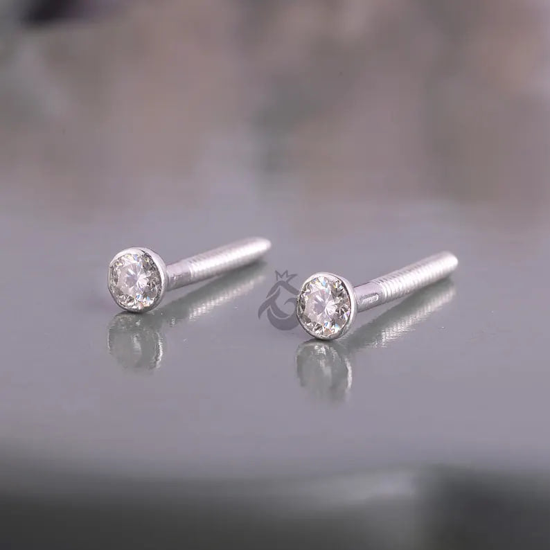Round Moissanite Stud Earrings for Women, Bezel Set, Screw Back, Minimalist Gold Studs
