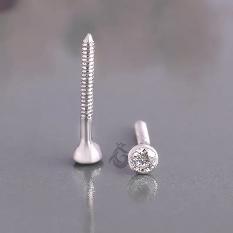 Round Moissanite Stud Earrings for Women, Bezel Set, Screw Back, Minimalist Gold Studs