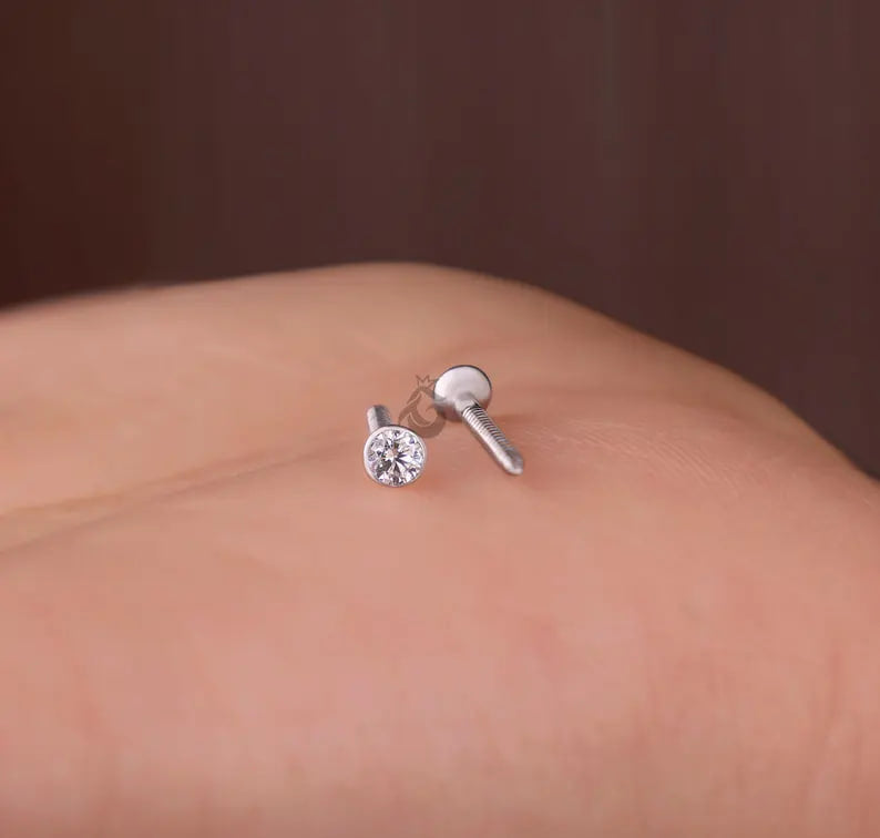 Round Moissanite Stud Earrings for Women, Bezel Set, Screw Back, Minimalist Gold Studs