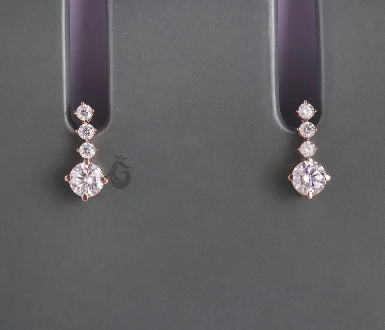 2.90 TCW Round Moissanite Dangle Earrings, Screw Back Bridal Earrings, Rose Gold Gift for Her