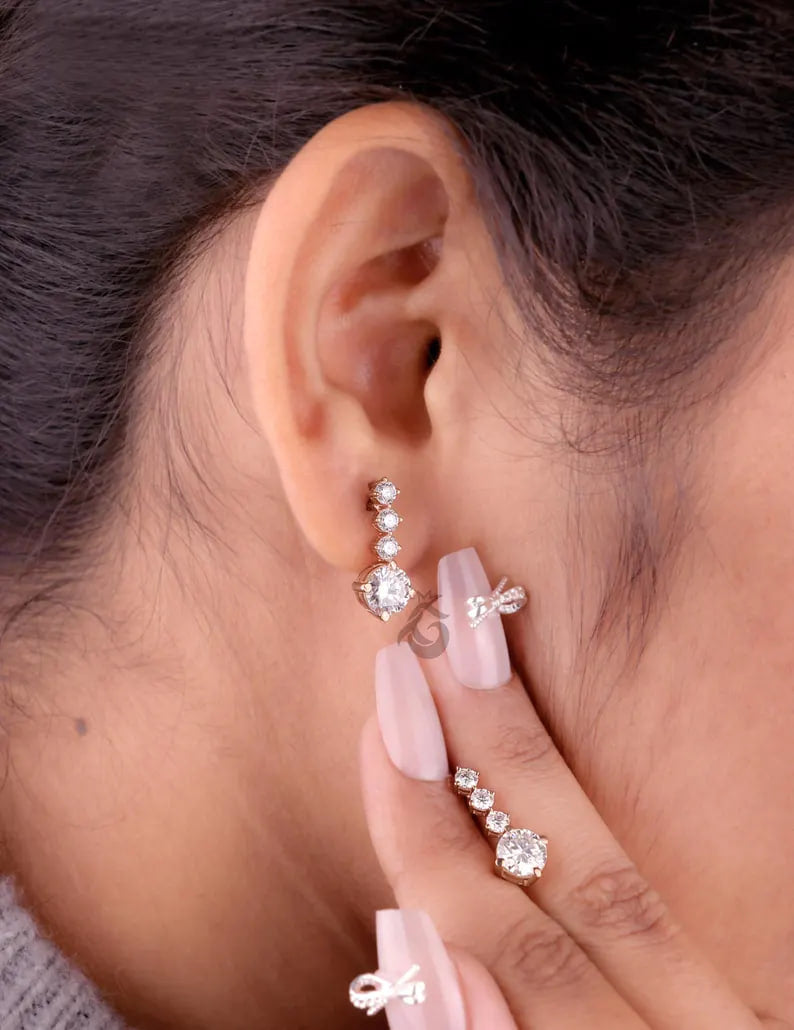 2.90 TCW Round Moissanite Dangle Earrings, Screw Back Bridal Earrings, Rose Gold Gift for Her