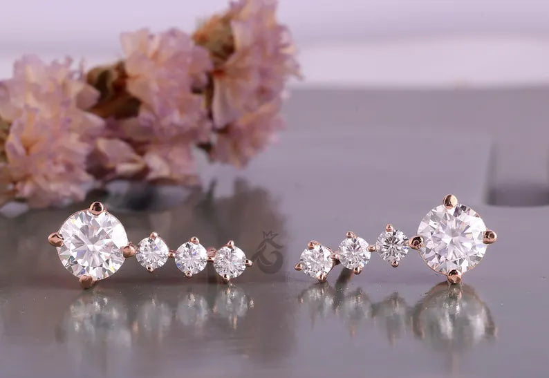 2.90 TCW Round Moissanite Dangle Earrings, Screw Back Bridal Earrings, Rose Gold Gift for Her