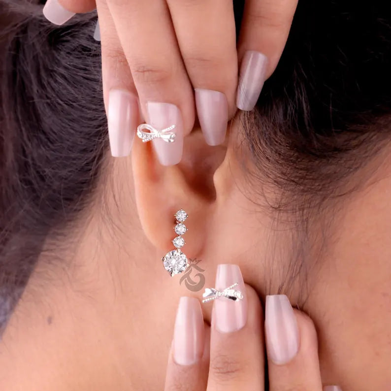 2.90 TCW Round Moissanite Dangle Earrings, Screw Back Bridal Earrings, Rose Gold Gift for Her