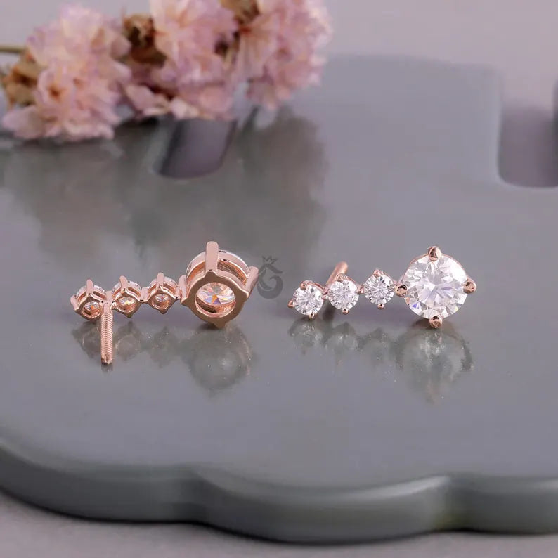 2.90 TCW Round Moissanite Dangle Earrings, Screw Back Bridal Earrings, Rose Gold Gift for Her