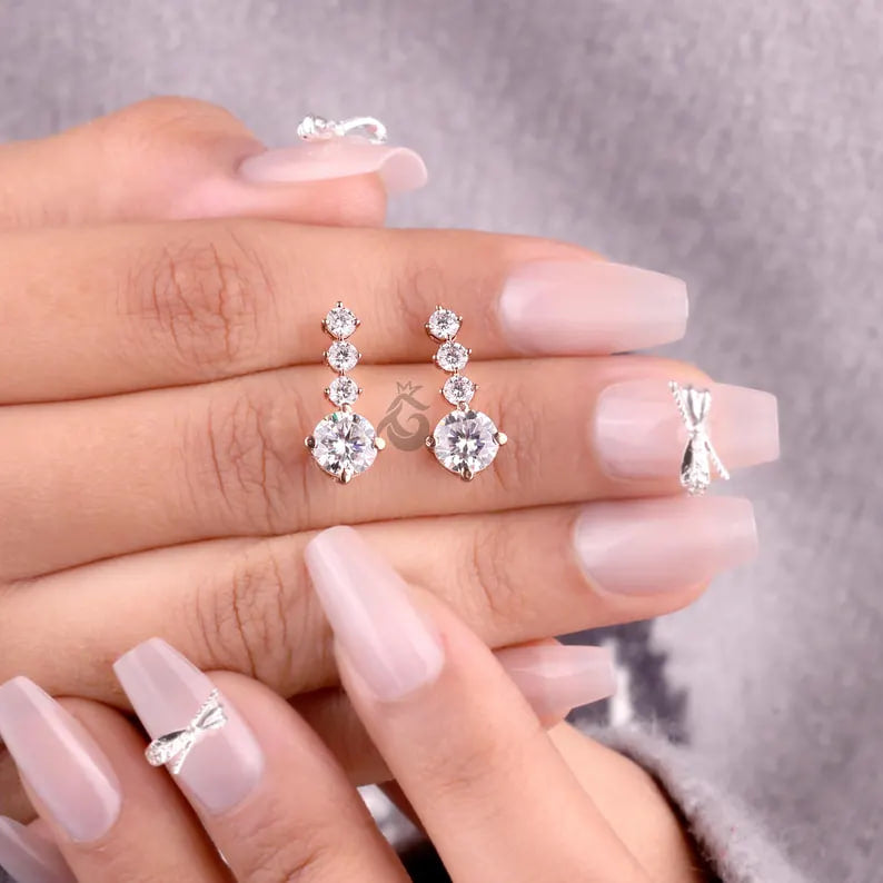2.90 TCW Round Moissanite Dangle Earrings, Screw Back Bridal Earrings, Rose Gold Gift for Her