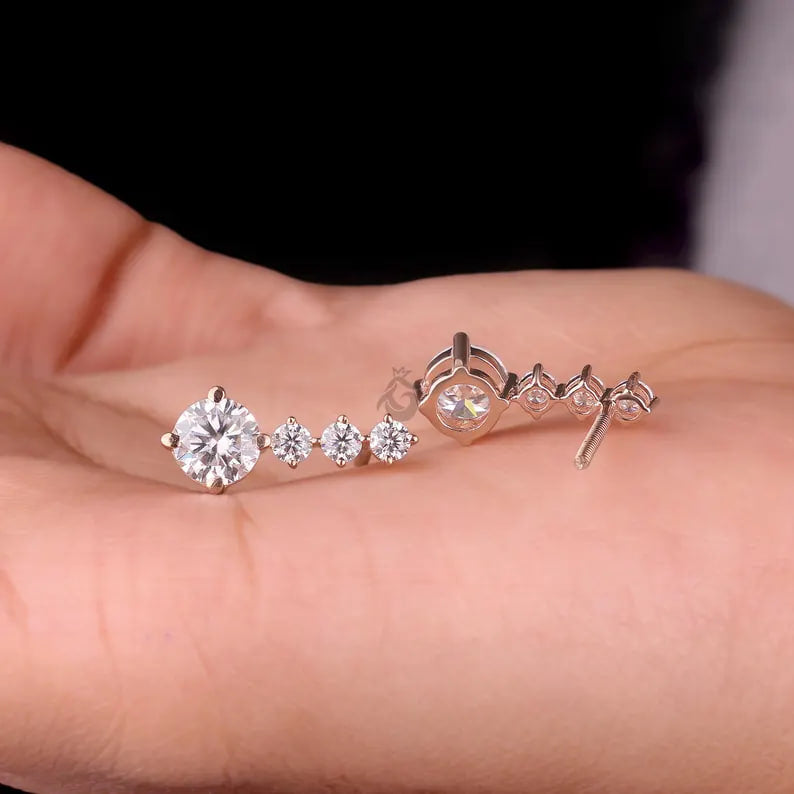 2.90 TCW Round Moissanite Dangle Earrings, Screw Back Bridal Earrings, Rose Gold Gift for Her