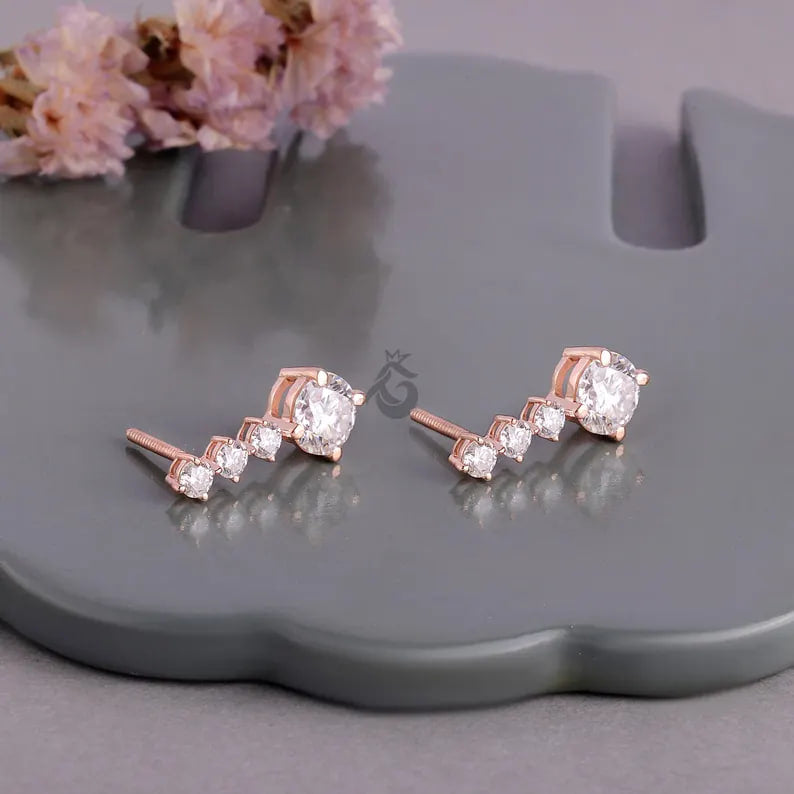 2.90 TCW Round Moissanite Dangle Earrings, Screw Back Bridal Earrings, Rose Gold Gift for Her