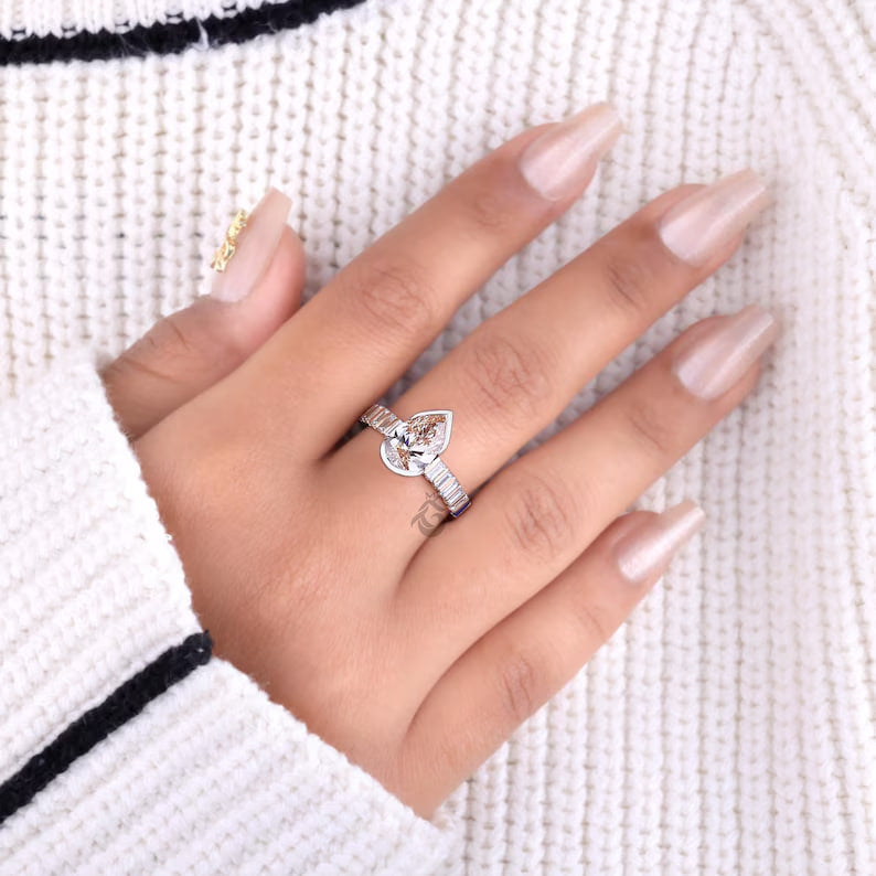 2.00 CT Pear Cut Pink Lab Diamond Ring, Half Bezel Set with Baguette Sides
