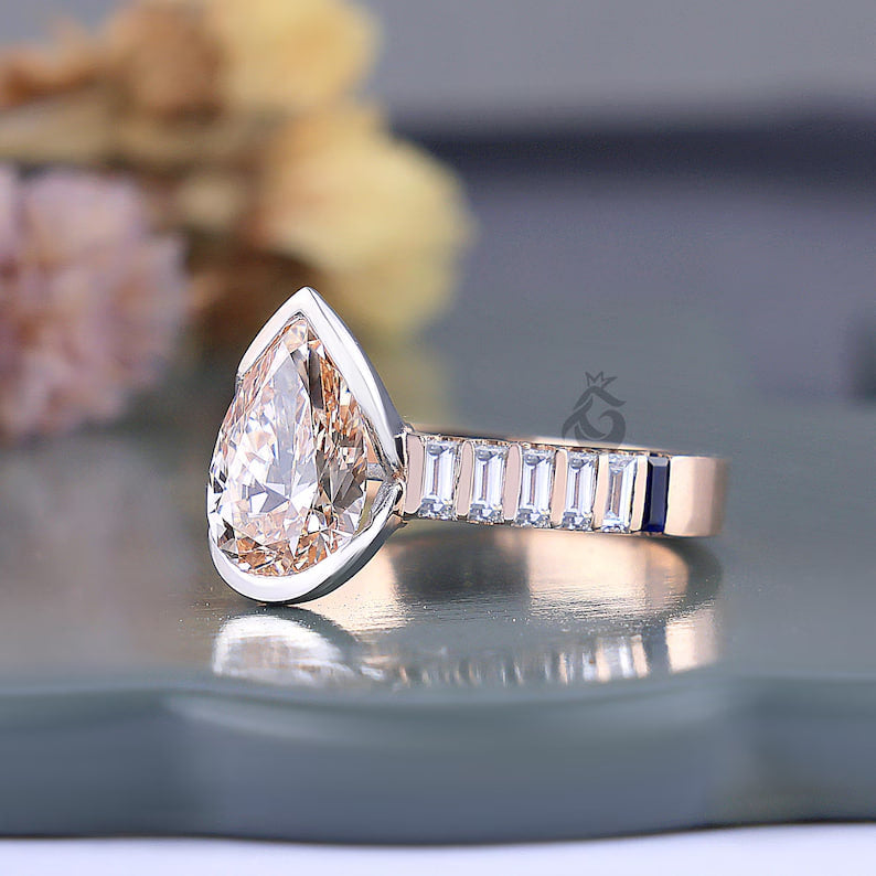 2.00 CT Pear Cut Pink Lab Diamond Ring, Half Bezel Set with Baguette Sides
