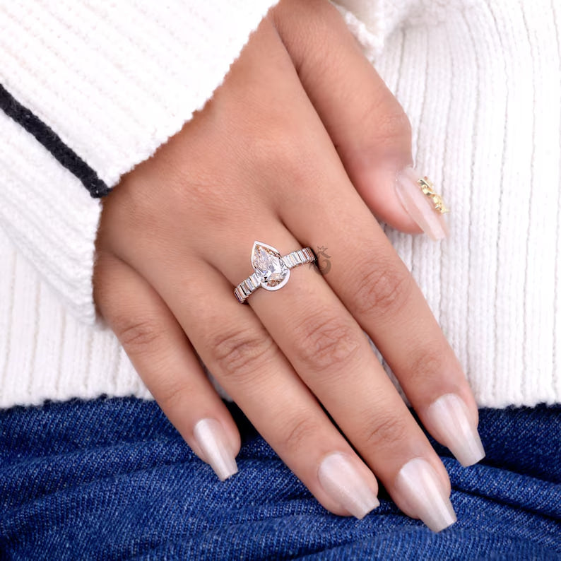 2.00 CT Pear Cut Pink Lab Diamond Ring, Half Bezel Set with Baguette Sides