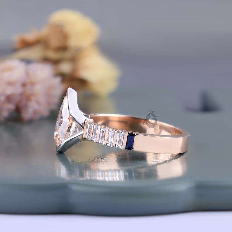 2.00 CT Pear Cut Pink Lab Diamond Ring, Half Bezel Set with Baguette Sides