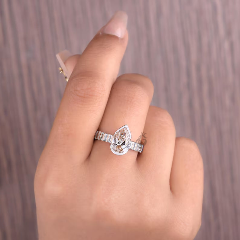 2.00 CT Pear Cut Pink Lab Diamond Ring, Half Bezel Set with Baguette Sides
