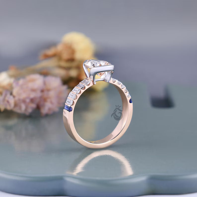 2.00 CT Pear Cut Pink Lab Diamond Ring, Half Bezel Set with Baguette Sides