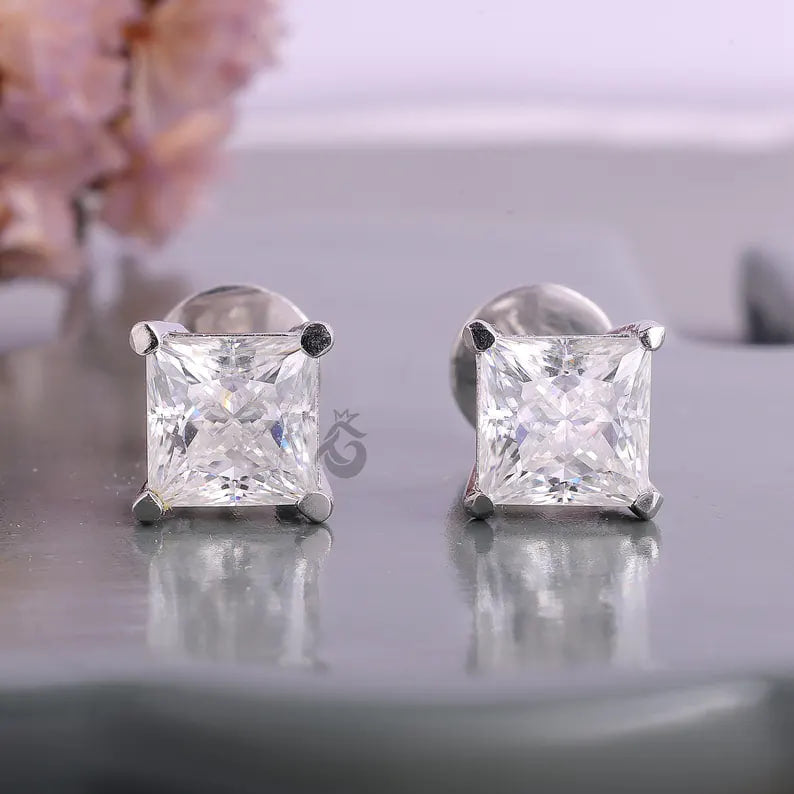 4.30 CT Princess Cut Moissanite Stud Earrings, Screw Back Wedding Earrings for Her