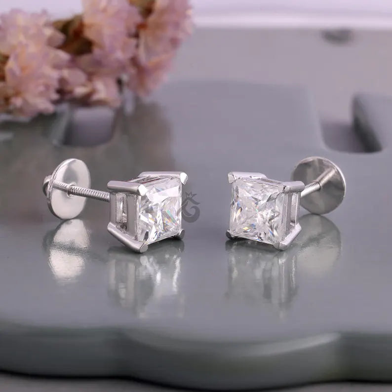 4.30 CT Princess Cut Moissanite Stud Earrings, Screw Back Wedding Earrings for Her